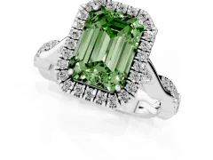 Fancy Green Emerald Cut Diamond Halo Twist Band Solitaire Ring Set in Platinum with Prong Setting