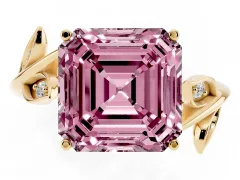 Fancy Pink Asscher Cut Diamond Solitaire Twist Engagement Ring Set in Yellow gold with Pavé Leaf Accents