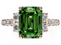 Fancy Green Emerald Cut Diamond Three-Stone Pavé Ring Set in Rose gold with Prong Setting