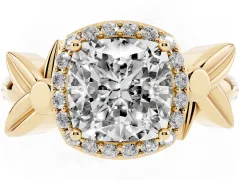 Cushion Cut Diamond Halo Floral Band Ring Set in Yellow gold with Prong Setting