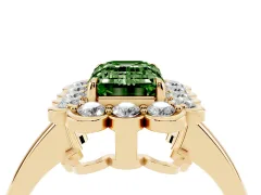 Fancy Green Emerald Cut Diamond Halo Cluster Engagement Ring Set in Yellow gold with Solitaire Band and Prong Setting