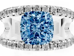 Fancy Blue Cushion Cut Diamond Split Shank Pavé Solitaire Ring Set in Silver with Open Shank Design