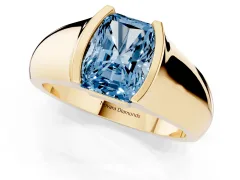 Fancy Blue Radiant Cut Diamond Bezel Solitaire Ring Set in Yellow gold with Wide Band