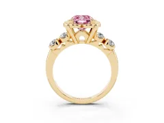 Fancy Pink Cushion Cut Diamond Floral Halo Ring Set in Yellow gold with Shared Prong Band