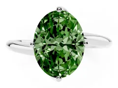 Fancy Green Oval Cut Diamond Solitaire Engagement Ring Set in Silver with Classic Plain Band