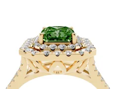 Fancy Green Radiant Cut Diamond Double Halo Ring Set in Yellow gold with Pavé Split Shank and Prong Setting
