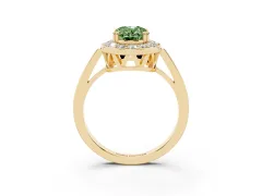 Fancy Green Oval Cut Diamond Halo Ring Set in Yellow gold with Accent-Lined Split Shank and Prong Setting