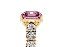 Fancy Pink Asscher Cut Diamond Solitaire Ring Set in Yellow gold with Cut-Down Micro Pavé Band and Prong Setting