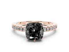 Fancy Black Cushion Cut Diamond Solitaire Engagement Ring Set in Rose gold with Pavé Band and Prong Setting