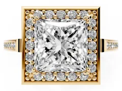 Princess Cut Diamond Halo Ring Set in Yellow gold with Accent-Lined Split Shank and Prong Setting