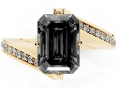 Fancy Black Emerald Cut Diamond Solitaire Ring Set in Yellow gold with Intertwined Pavé Twist Band