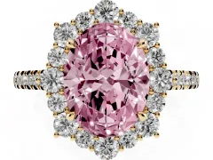 Fancy Pink Oval Cut Diamond Halo Ring Set in Yellow gold with Pavé Band and Prong Setting