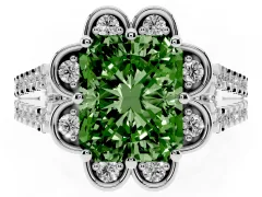 Fancy Green Radiant Cut Diamond Floral Halo Split Shank Engagement Ring Set in White gold with Pavé Shank