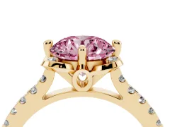 Fancy Pink Round Cut Diamond Solitaire Ring Set in Yellow gold with Pavé Band and Floral Prong Setting