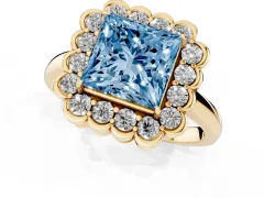 Fancy Blue Princess Cut Diamond Halo Cluster Engagement Ring Set in Yellow gold with Solitaire Band and Prong Setting