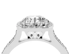 Round Cut Diamond Halo Engagement Ring Set in White gold with Round Pavé Shoulders and Heart Gallery