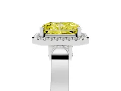 Fancy Yellow Radiant Cut Diamond Halo Ring Set in Platinum with Pavé-Lined Split Shank Band