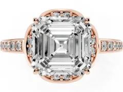 Asscher Cut Diamond Halo Ring Set in Rose gold with Channel Set Band and Prong Setting
