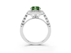 Fancy Green Cushion Cut Diamond Milgrain Halo Solitaire Ring Set in Silver with Bezel Set Side Stones and Pavé Band