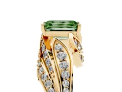Fancy Green Emerald Cut Diamond Solitaire Ring Set in Yellow gold with Layered Twist Pavé Band