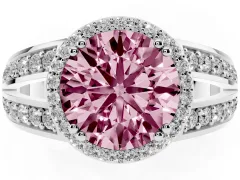 Fancy Pink Round Cut Diamond Halo Ring Set in White gold with Double Pavé Split Shank