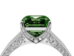 Fancy Green Asscher Cut Diamond Solitaire Ring Set in White gold with Milgrain-Edged Pavé Band and Prong Setting