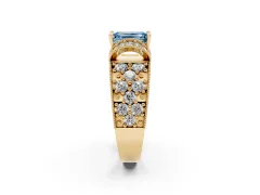 Fancy Blue Emerald Cut Diamond Milgrain Halo Pavé Engagement Ring Set in Yellow gold with Prong Setting