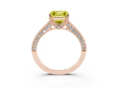Fancy Yellow Asscher Cut Diamond Solitaire Ring Set in Rose gold with Milgrain-Edged Pavé Band and Prong Setting