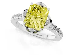 Fancy Yellow Radiant Cut Diamond Solitaire Ring Set in White gold with Pavé Band and Floral Prong Setting
