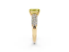 Fancy Yellow Emerald Cut Diamond Pavé Band Solitaire Ring Set in Yellow gold with Close-Set Accent Stones and Prong Setting