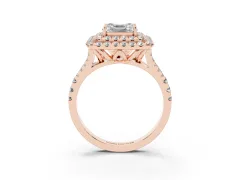 Asscher Cut Diamond Double Halo Ring Set in Rose gold with Pavé Split Shank and Prong Setting
