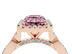 Fancy Pink Emerald Cut Diamond Halo Twist Band Solitaire Ring Set in Rose gold with Prong Setting