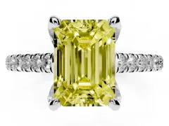 Fancy Yellow Emerald Cut Diamond Solitaire Ring Set in Silver with Brilliant Pavé Band and Prong Setting
