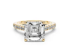 Asscher Cut Diamond Solitaire Ring Set in Yellow gold with Brilliant Pavé Band and Prong Setting