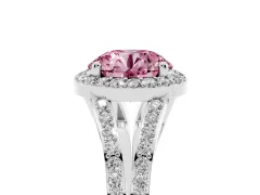 Fancy Pink Round Cut Diamond Halo Split Shank Ring Set in Platinum with Accent Stones and Prong Setting