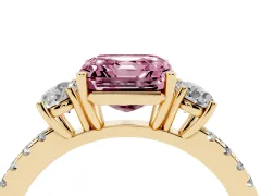 Fancy Pink Asscher Cut Diamond Three-Stone Ring Set in Yellow gold with Pavé Band and Graduated Sides