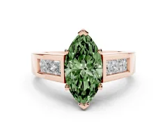 Fancy Green Marquise Cut Diamond Solitaire Ring Set in Rose gold with Channel-Set Accent Stones and Prong Setting