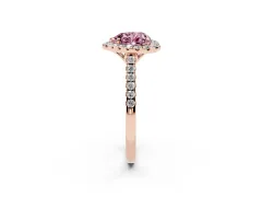 Fancy Pink Heart Cut Diamond Pavé Halo Engagement Ring Set in Rose gold with Pavé Band and Prong Setting