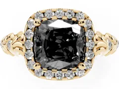 Fancy Black Cushion Cut Diamond Halo Ring Set in Yellow gold with Filigree Leaf Band and Prong Setting