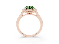 Fancy Green Round Cut Diamond Halo Ring Set in Rose gold with Pavé-Lined Shoulders and Prong Setting
