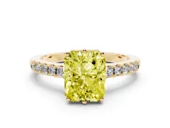 Fancy Yellow Radiant Cut Diamond Solitaire Engagement Ring Set in Yellow gold with Pavé Band and Prong Setting