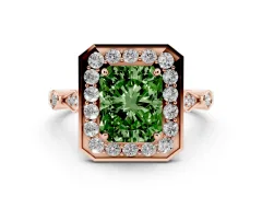 Fancy Green Radiant Cut Diamond Halo Engagement Ring Set in Rose gold with Twisted Band and Prong Setting