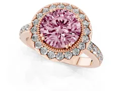 Fancy Pink Round Cut Diamond Halo Ring Set in Rose gold with Pavé Shank and Prong Setting