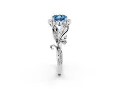 Fancy Blue Cushion Cut Diamond Halo Ring Set in Silver with Leaf Motif Split Shank and Prong Setting