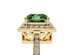Fancy Green Princess Cut Diamond Halo Ring Set in Yellow gold with Accent-Lined Split Shank and Prong Setting