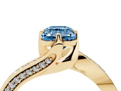 Fancy Blue Emerald Cut Diamond Solitaire Ring Set in Yellow gold with Intertwined Pavé Twist Band