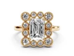 Emerald Cut Diamond Cluster Halo Ring Set in Yellow gold with Milgrain Bezel Accents and Plain Band