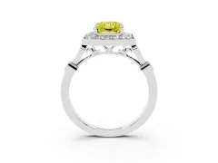 Fancy Yellow Radiant Cut Diamond Halo Engagement Ring Set in Platinum with Twisted Band and Prong Setting