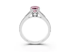 Fancy Pink Emerald Cut Diamond Split Shank Pavé Engagement Ring Set in Platinum with Prong-Set Center Stone
