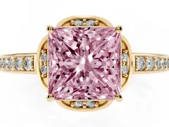 Fancy Pink Princess Cut Diamond Halo Ring Set in Yellow gold with Channel Set Band and Prong Setting